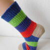Handgestrickte Wollsocken Gr. 40 - Blockstreifen Blau-Grün-Lila-Rot-Beige