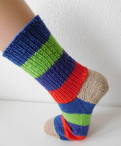 Handgestrickte Wollsocken Gr. 40 - Blockstreifen Blau-Grün-Lila-Rot-Beige