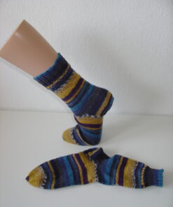 Handgestrickte Wollsocken Gr. 38 – Blau-Gelb gestreift