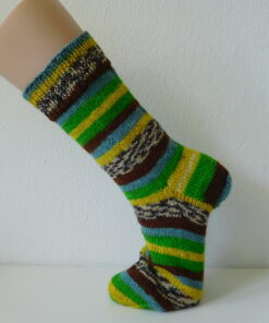 Handgestrickte Wollsocken Gr. 40 – Grün-Braun-Gelb-Blau gestreift