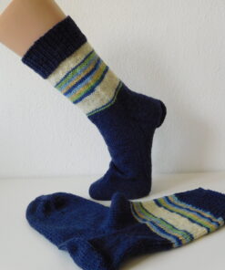 Alternative view of Handgestrickte Wollsocken Gr. 42 – Dunkelblau-gestreift-beige-grün