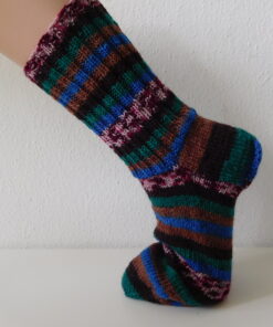 Handgestrickte Wollsocken Gr. 44-grün-blau-braun-gestreift-Handwerker