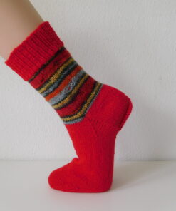 Alternative view of Handgestrickte Wollsocken Gr. 36 - Rot mit Streifenmuster im Bein Blau Gelb Grün